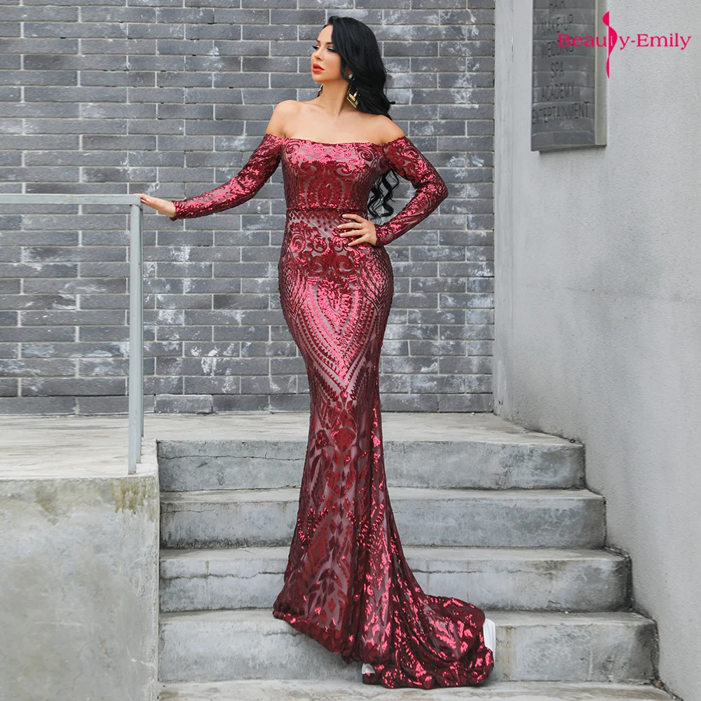 

Beauty-Emily One Neck Full Sleeve Evening Dresses Long Party Mermaid Dress Sequins Applique Chapel Train Backless robe de soiree