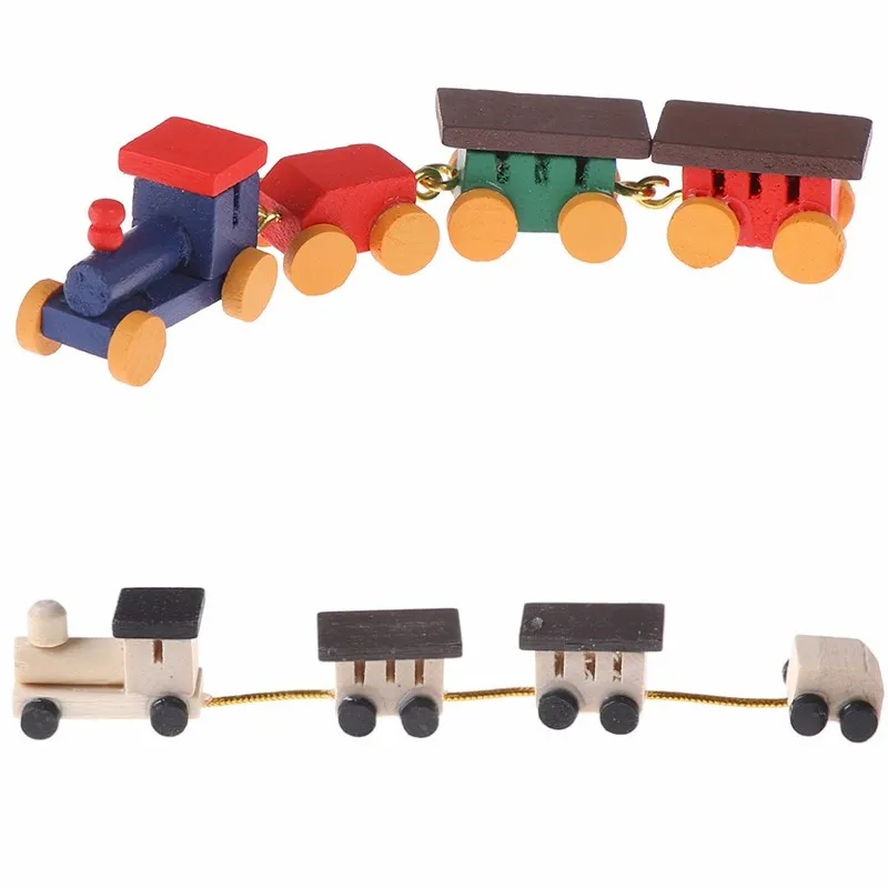 Cute Painted Wooden Train Set Locomotive Compartment Carriages Toy 1:12 Dollhouse Play Doll House Decor Active Toys Miniature