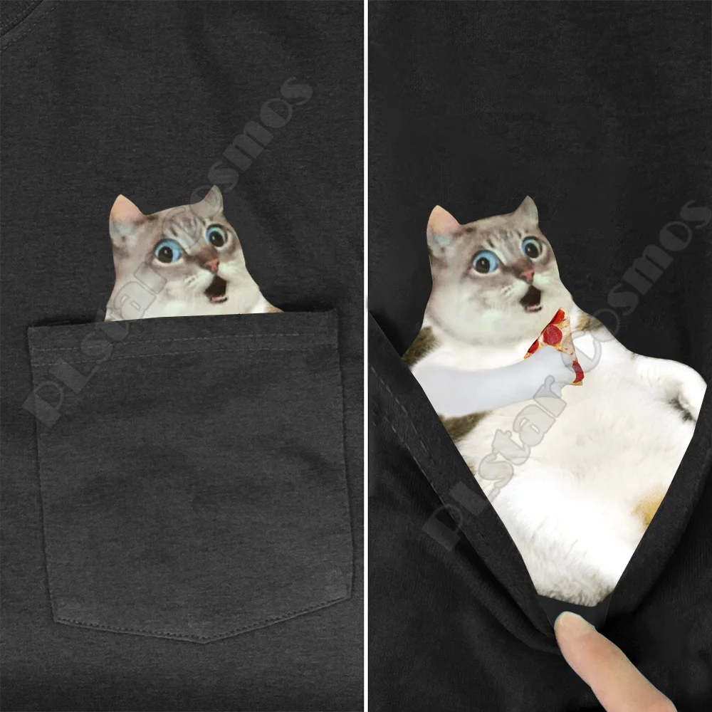 Hippie Pocket Tee T Shirts summer Smoking Cat printed t-shirt men for women tops black cotton funny Short sleeve dropshipping