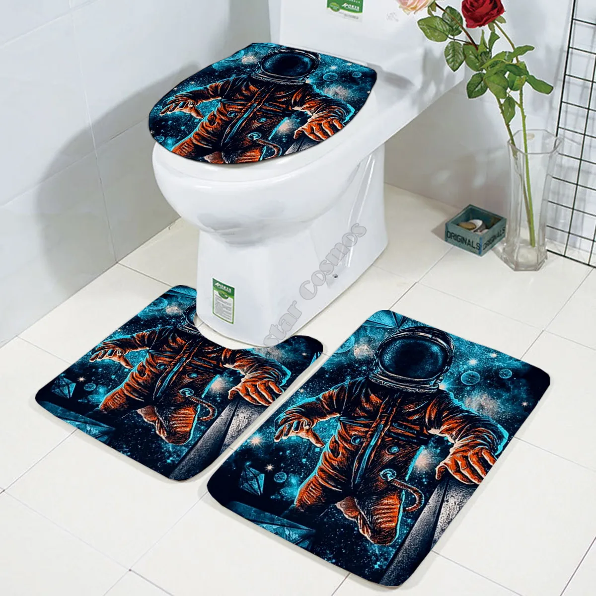 

Galaxy astronaut Three-piece set 3D printed Bathroom Pedestal Rug Lid Toilet Cover Bath Mat Set drop shipping 4