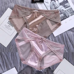 Bragas de encaje Sexy para mujer, bragas Retro de lujo con ribete de encaje de satén, malla transparente femenina sin costuras, bolsa de cintura media, bragas de cadera