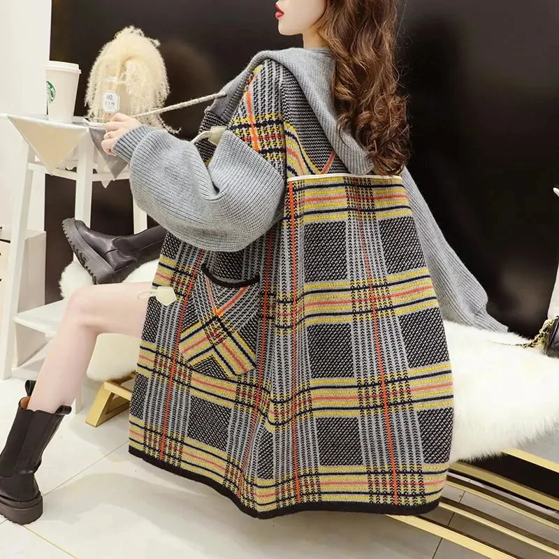 

Horn Button Sweater Hooded Cardigan Women Retro Plaid Spring And Autumn New Coat Loose Fat mm Long Tops Femme Jacket