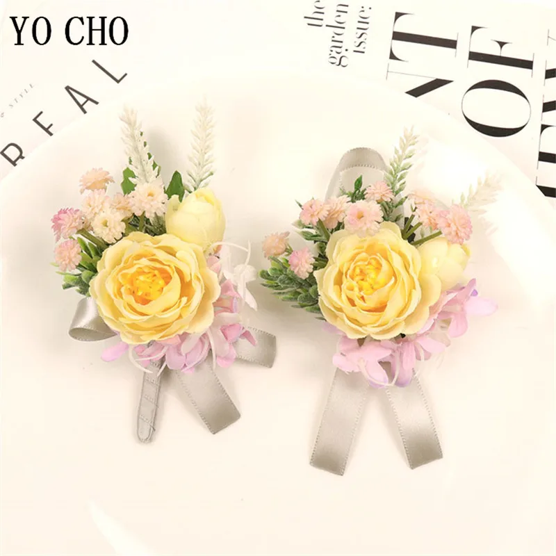 YO CHO Boutonniere Groomsmen Wedding Corsage Bracelet Flowers Bridesmaids Boutonniere Men Wedding Buttonhole Planner Corsage Pin