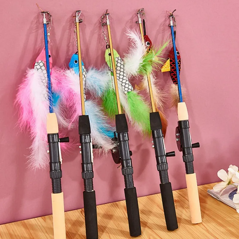 1Pc Cat Interactive Toy Stick Feather Wand Toys Fish-shaped Telescopic Fishing Rod Cat Teaser Toy Supplies Random Color