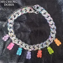 Handmade 7 Colors Cute Cartoon Bear Acrylic Chain Necklaces Candy Color Pendant For Women&Girl Daily Jewelry Party Gifts
