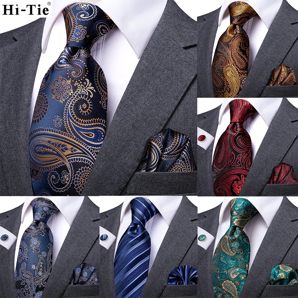 Hi-Tie Silk Wedding Tie For Men Fashion Luxury Paisley 160cm long High Quality Mens Gift Ties Cravatas Hanky Cufflinks Bussiness