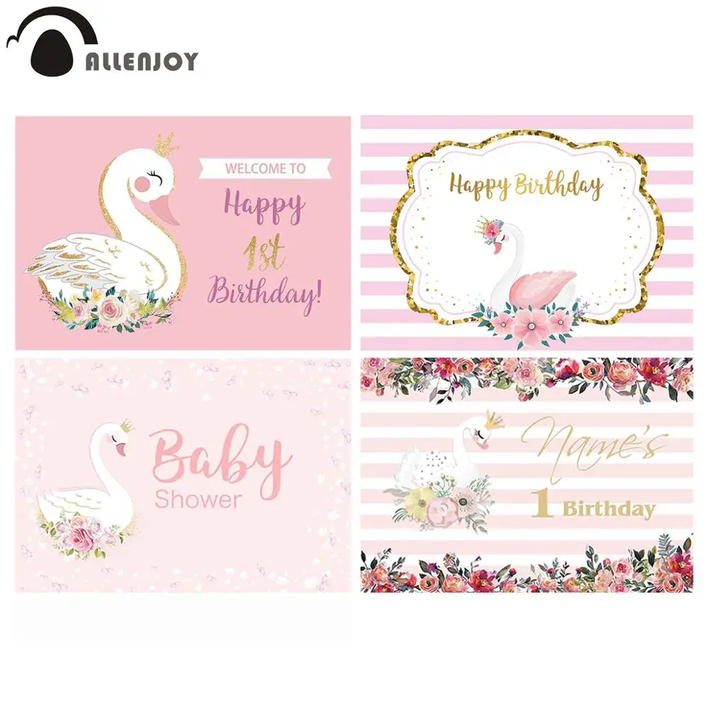 

Allenjoy 1st Birthday Backdrop Photophone Swan Decor Party Pink Custom Girl photocall Wallpaper Baby Shower Background Banners