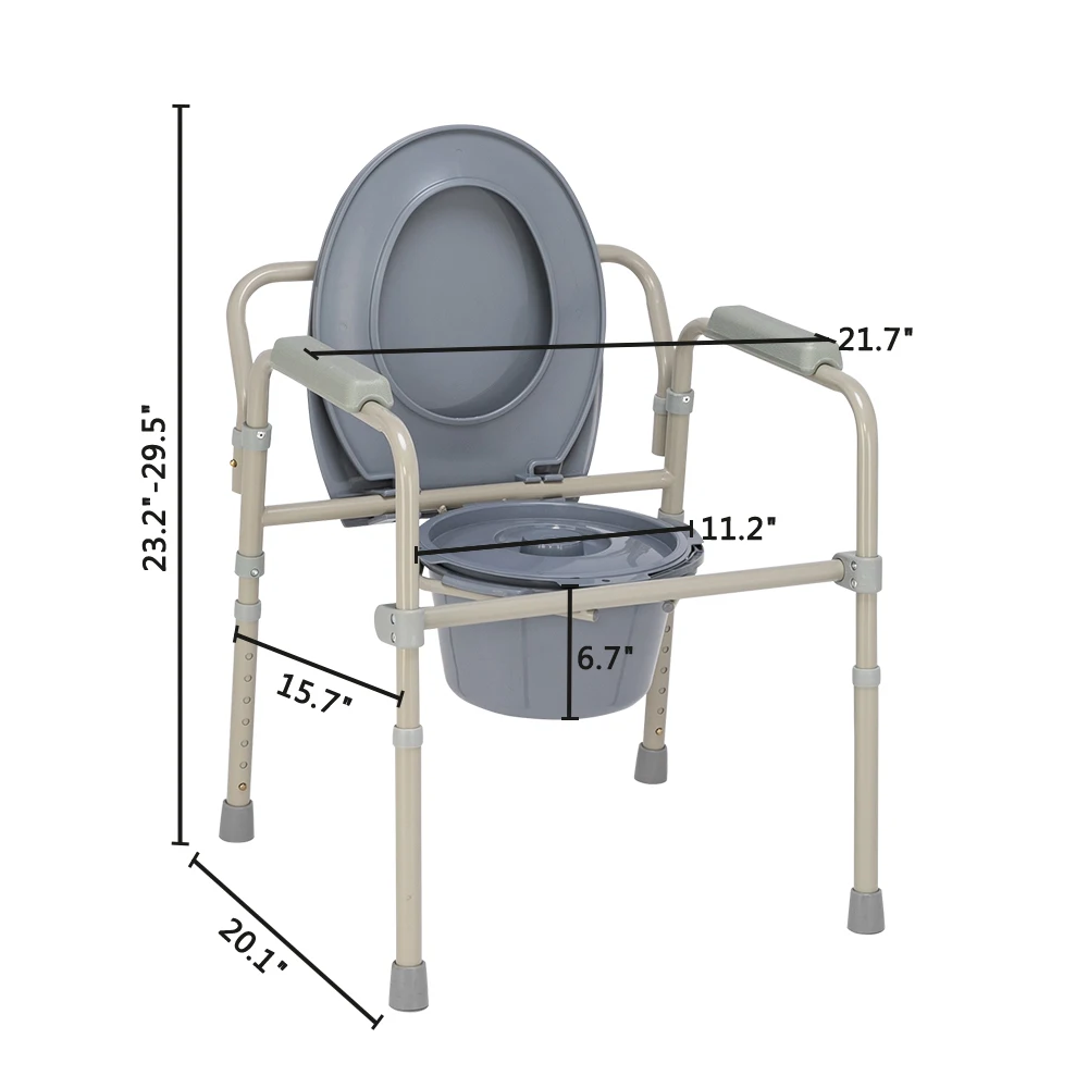 Iron Frame Folding Portable Toilet Seat Commode Height Adjustable Durable Easy to Clean Beige White In Stock