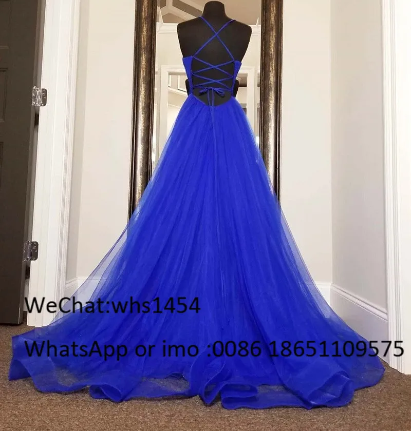 Mbcullyd Fascinating Royal Blue Evening Dresses Long 2023 Soft Tulle Prom Party Gowns With Cross Backless vestido de festa