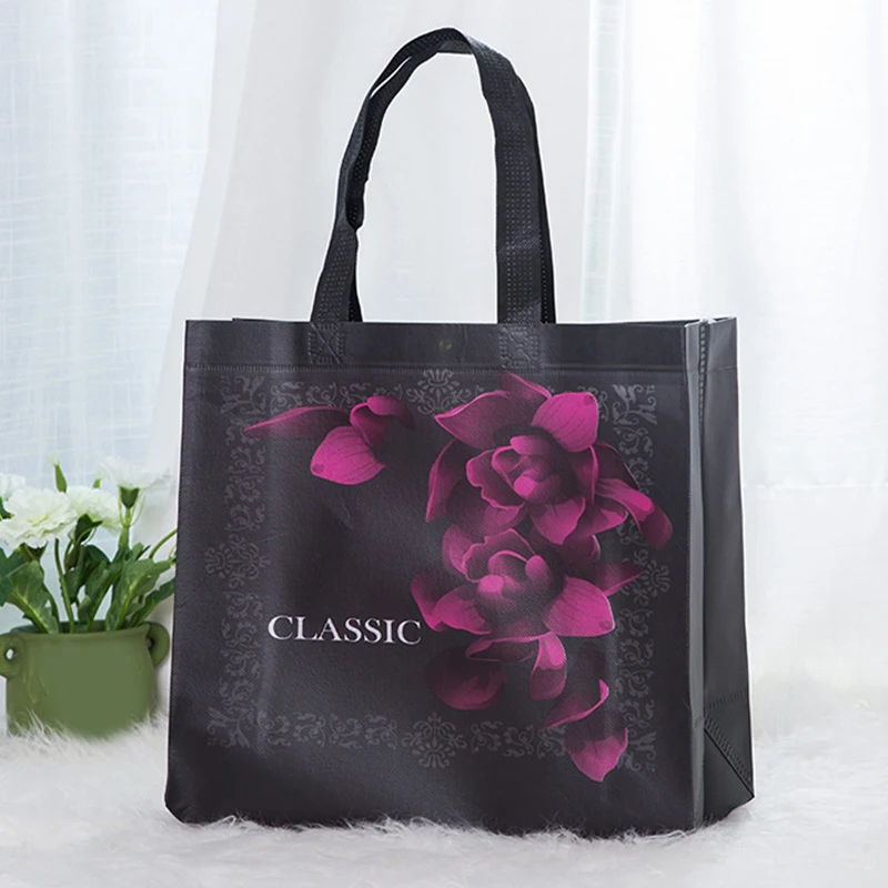 Fashion Shopping Bag Black Large Capacity Non-woven Portable Storage Pouch Flower Print Handbag Reusable Foldable Shoulder Bag