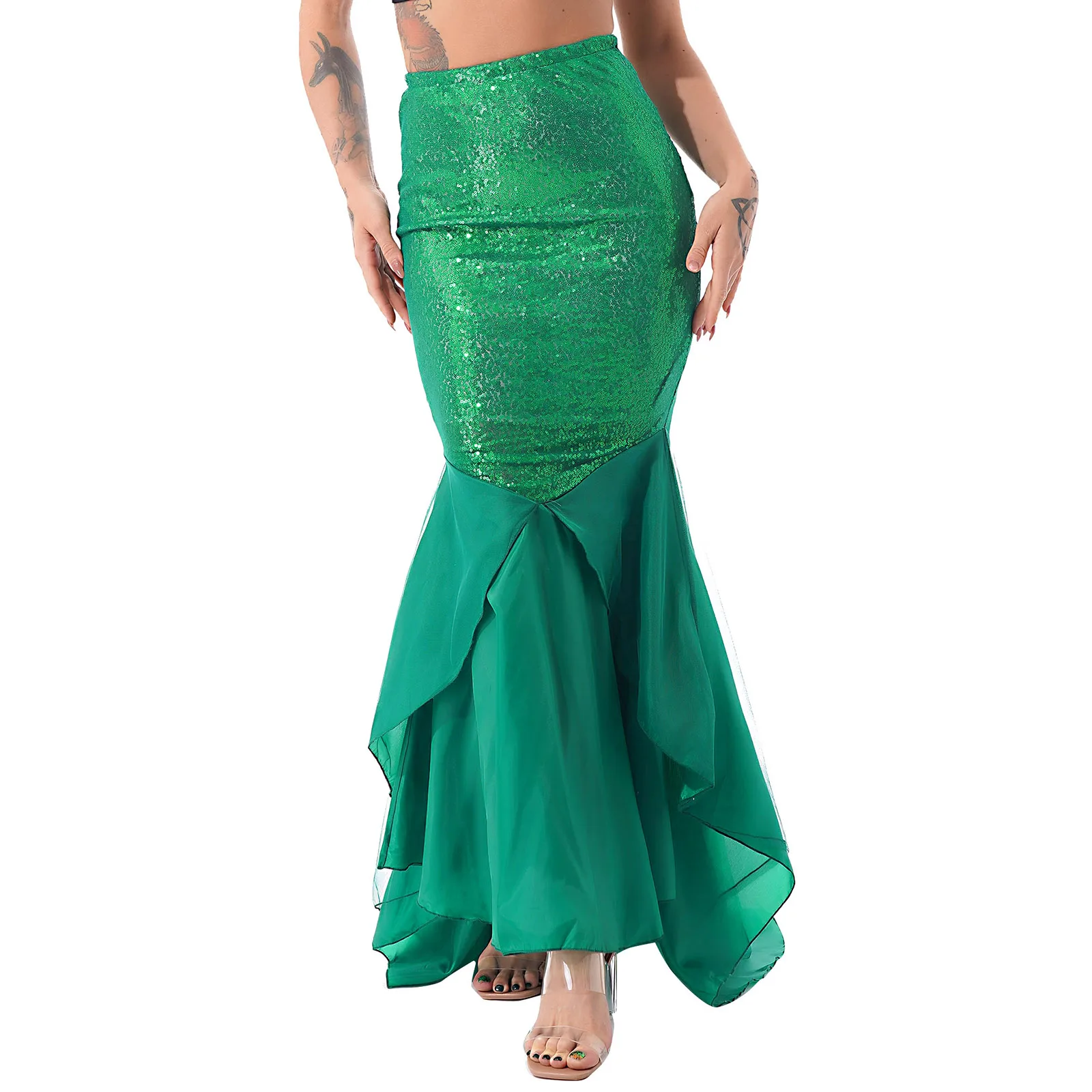 Women Ladies Sequined Mermaid Tail Skirt Party Photography Costume Belly Dance Wear Performance Costume Banquet Skirts