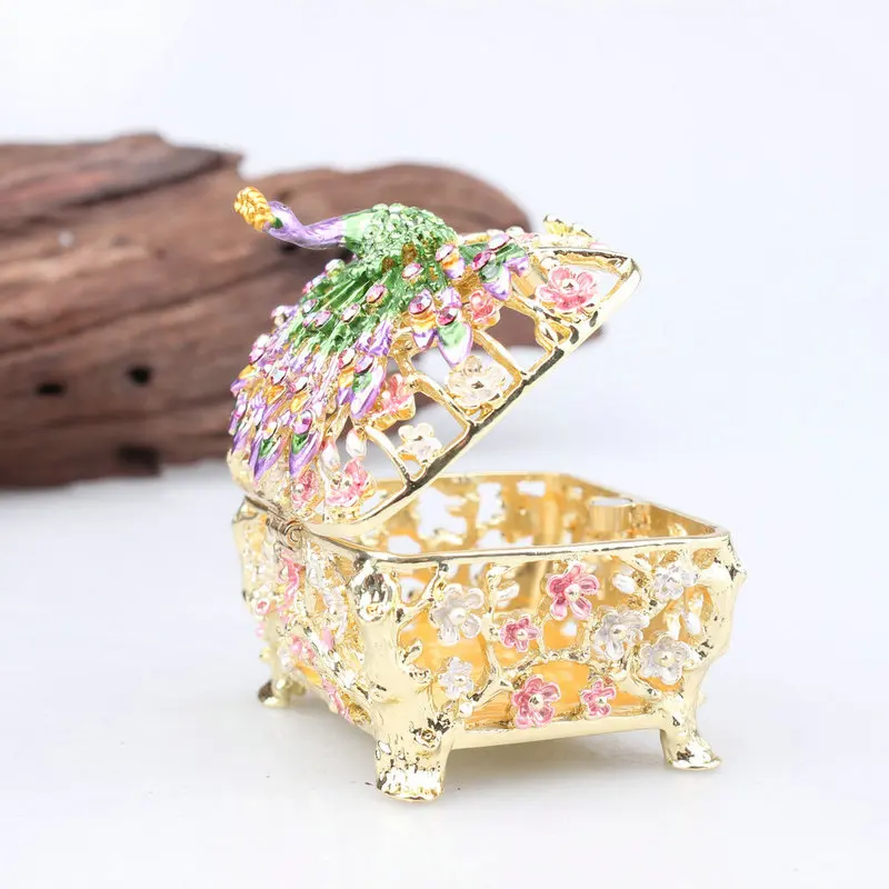 Ring Jewelry  Box Peacock Art Crafts Home Decoration Metal Ornaments Enamel Storage Box Container Creative Gifts Room Modern