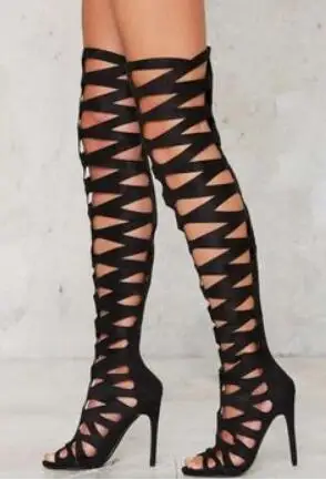 Drop Shipping Hot Woman Summer Black Brown Gladiator Cuts Out Over The Knee Boots Buckles Stiletto Heels Thigh High Long Boots