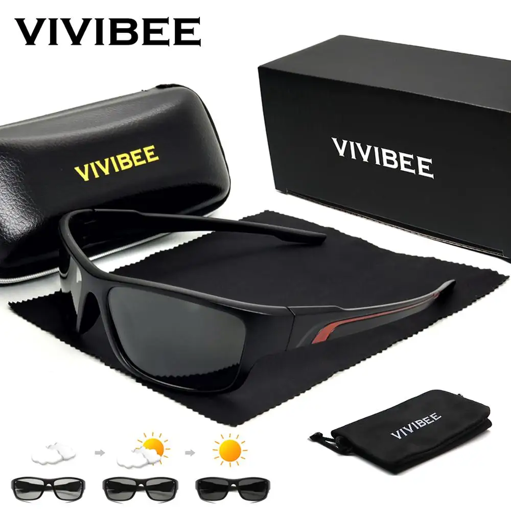 

VIVIBEE Men Sports Photochromic Sunglasses with Polarized Lens Matte Black UV400 Male Chameleon Discoloration Goggles