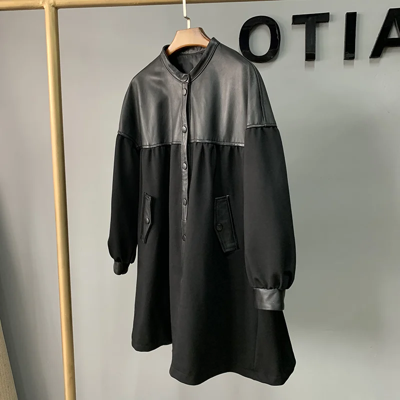 Manteau en cuir véritable épissé pour femme, veste mi-longue en peau de mouton, col montant, boutonnage simple, vêtements d'extérieur élégants