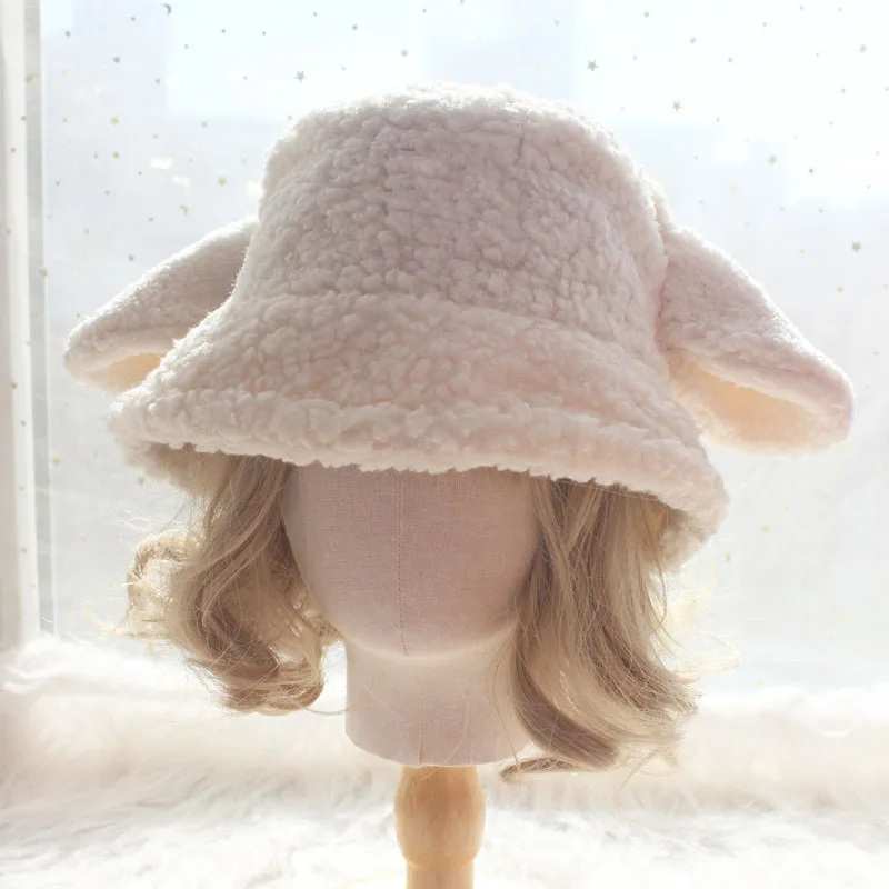 Hand for winter white sheep ear fisherman lambs wool lolita hat lovely lamb basin hat