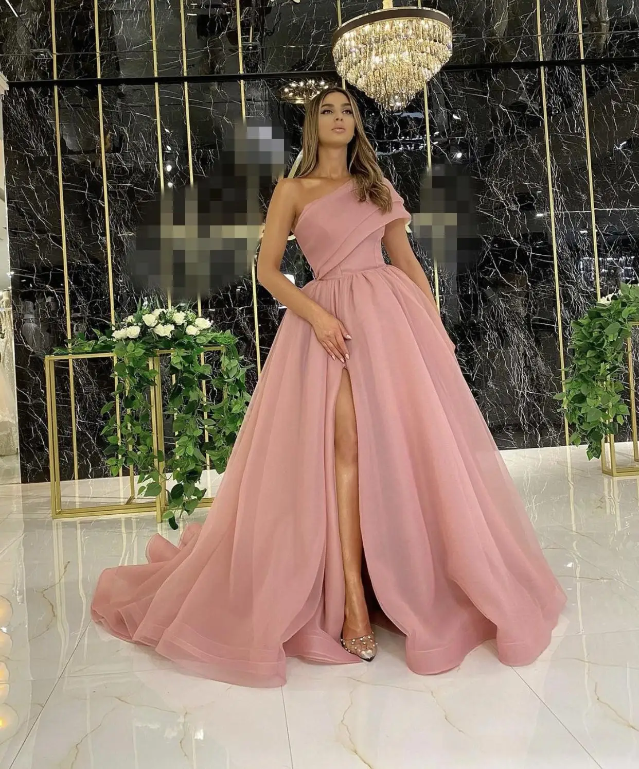 Vestido de baile vermelho para mulheres, vestidos de baile de um ombro, divisão frontal, vestidos de noite elegantes, rosa, marfim, 2024