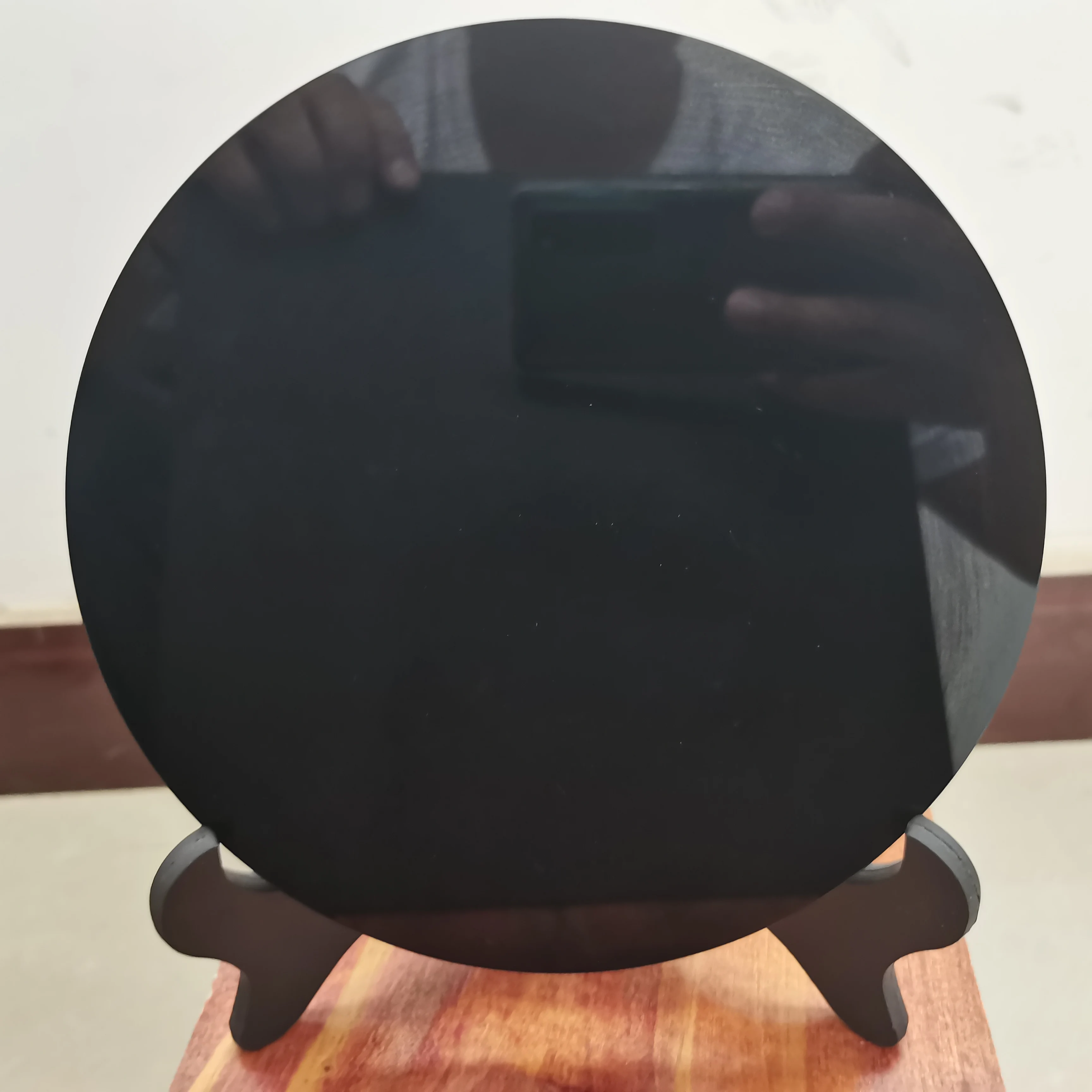 6-20cm Mexican Natural Black Obsidian Smoking Mirror Stone Circle Disk Round Plate Healing For Home &Office Decor +Shelf