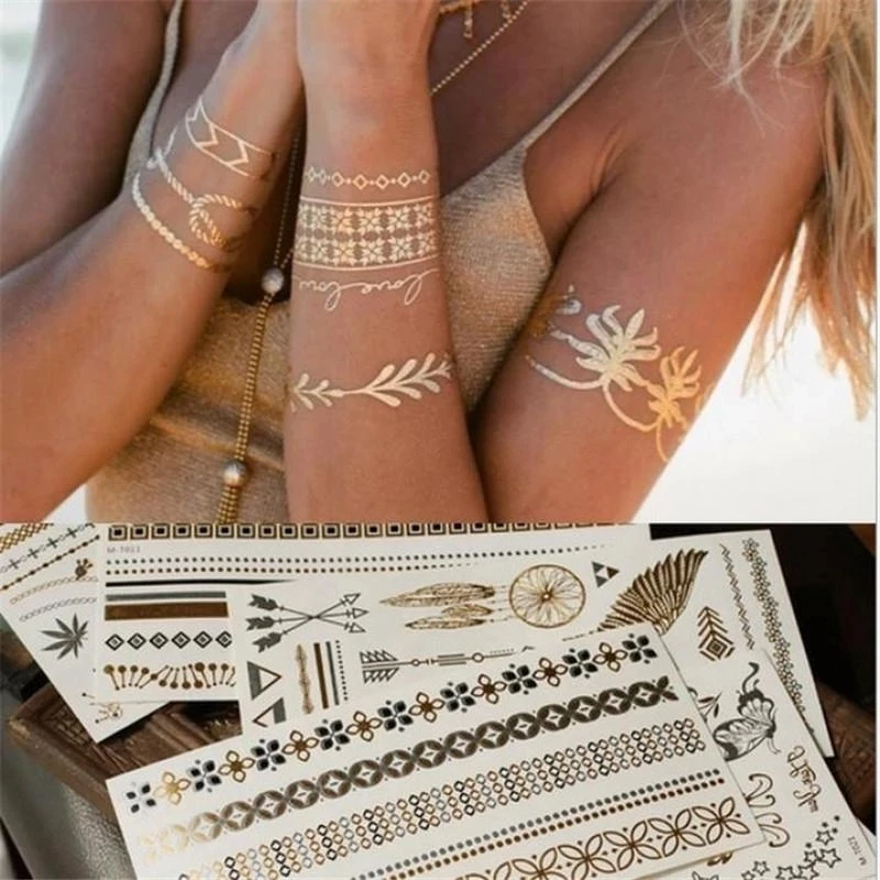 Body Bronzing Tattoo Sticker Metal Fashion Bracelet Woman Decoration Gold Silver Waterproof Transfer Temporary Fake Tattoo Art