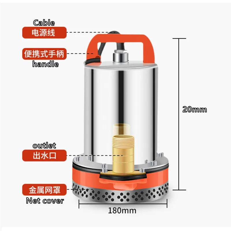 12V/24V DC Submersible Water Pump 180W Solar Submersible Water Pump for Farm and Garden 100L/min Flow 7-10M Head