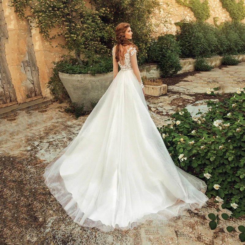 Vestido de novia de encaje de manga larga con botones, traje de novia de corte en A con cuello redondo, con botón de ilusión, color marfil, 2021