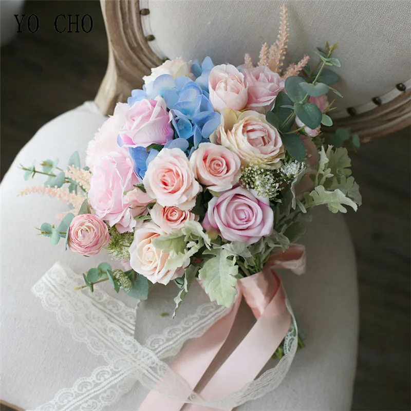 YO CHO Braut Hochzeit Bouquet Handgemachte Künstliche Seide Rose Hortensien Blume Rosa Blau Luxuriöse Bouquets Hochzeit Liefert