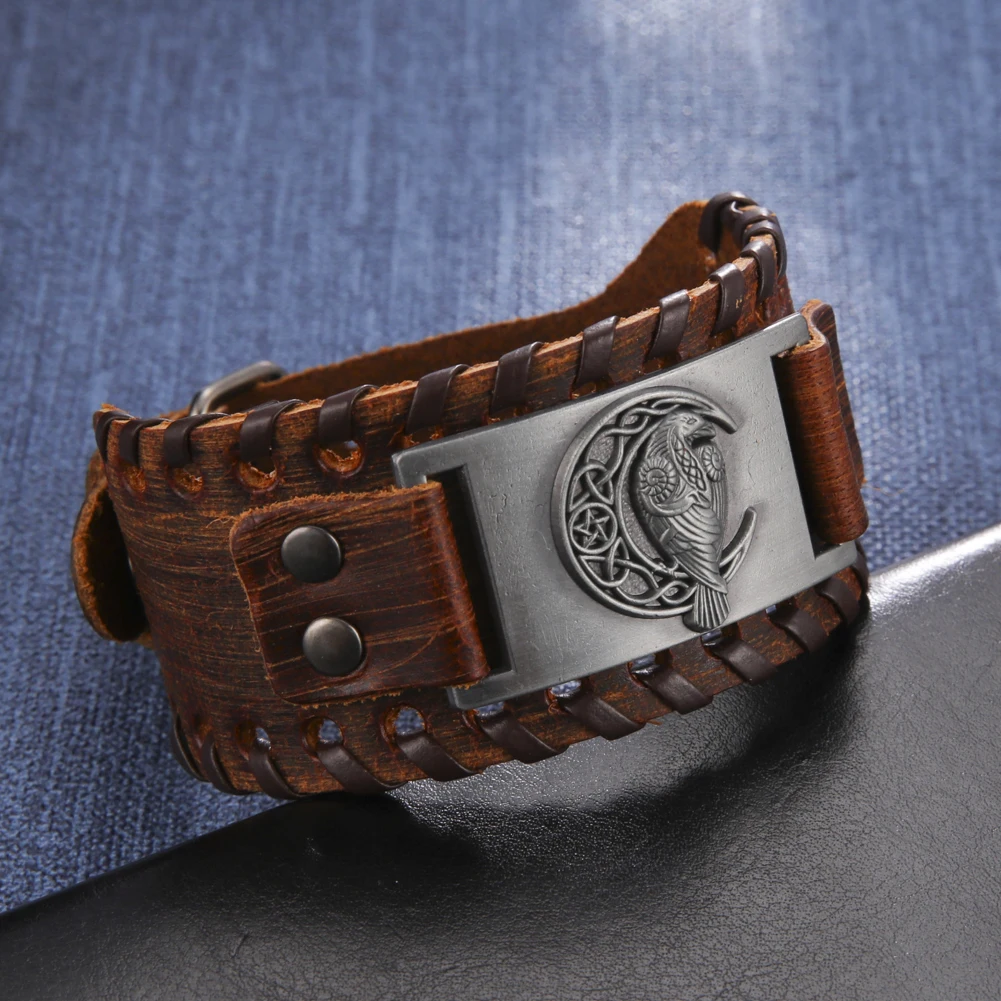 Skyrim Moon pentagrama Wiccan Pentacle Cuervo pulsera de cuero genuino para hombres, pulseras de amuleto, joyería de Talismán