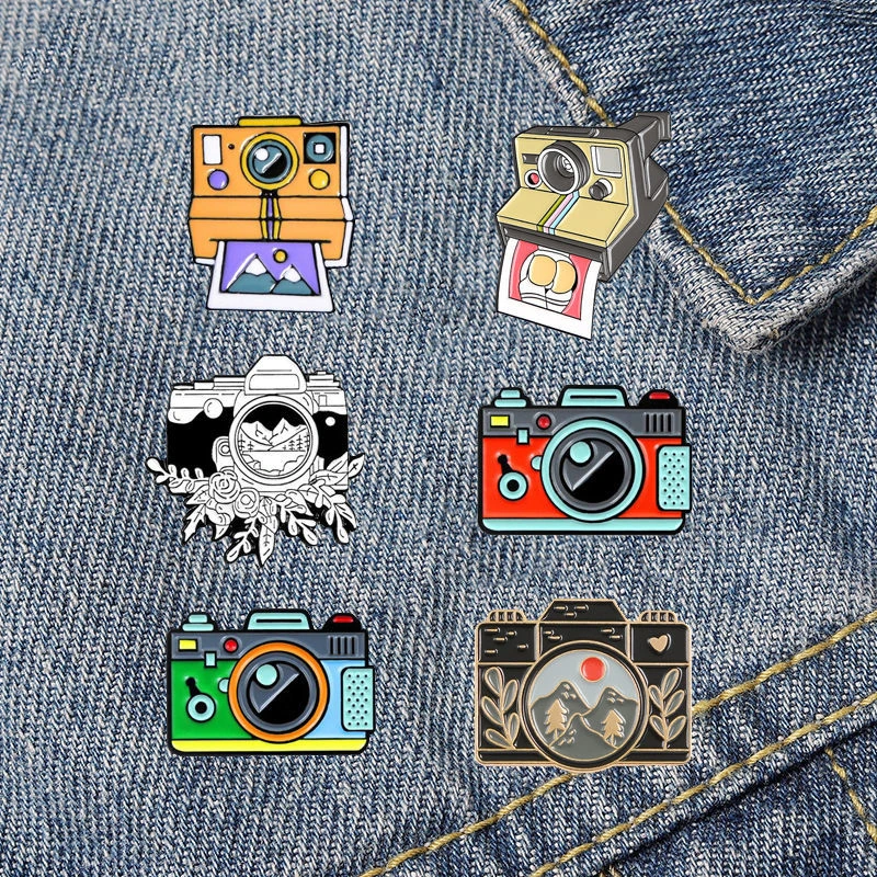 

New Badges Creative Cartoon Retro Camera Pins Mountain Peaks Sun And Moon Woods Enamel Badges Backpack Broochs Accessory Gift