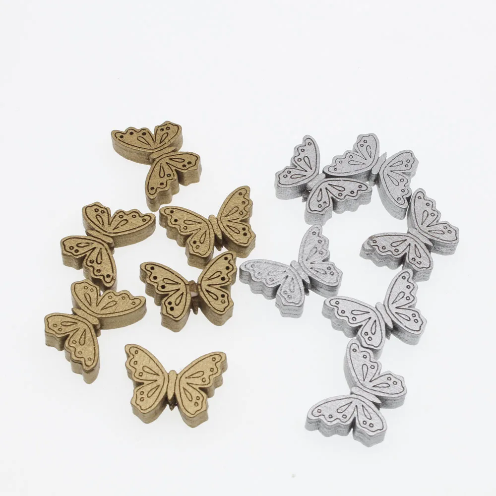 CHONGAI 40Pcs Gold Silver Color Engraving Pattern Butterfly Wood Beads For Jewelry Making DIY Craft Gifts Kids Lead-Free Beads