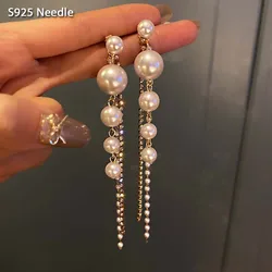 Silver Needle Long Dangle Drop Earrings for Women Jewelry Pearls Shining Stone Tassel Female Party Earrings
