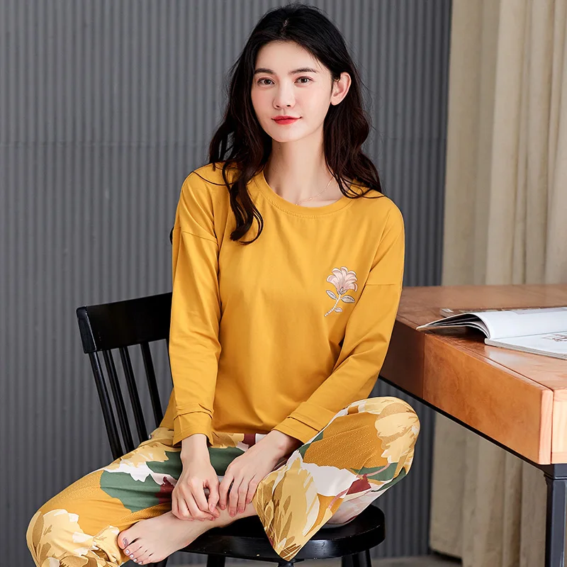 

Pure Colour Long Sleeve Flower Pants Soft Cotton Men Pajama Sets Spring Fashion 3XL Sleepwear Women Homewear Sexy pijamas mujer