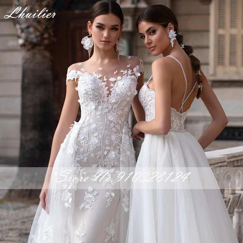 Lhuilier-vestidos de novia elegantes con Apliques de encaje, sirena, manga corta, tul, espalda en V, con tren desmontable