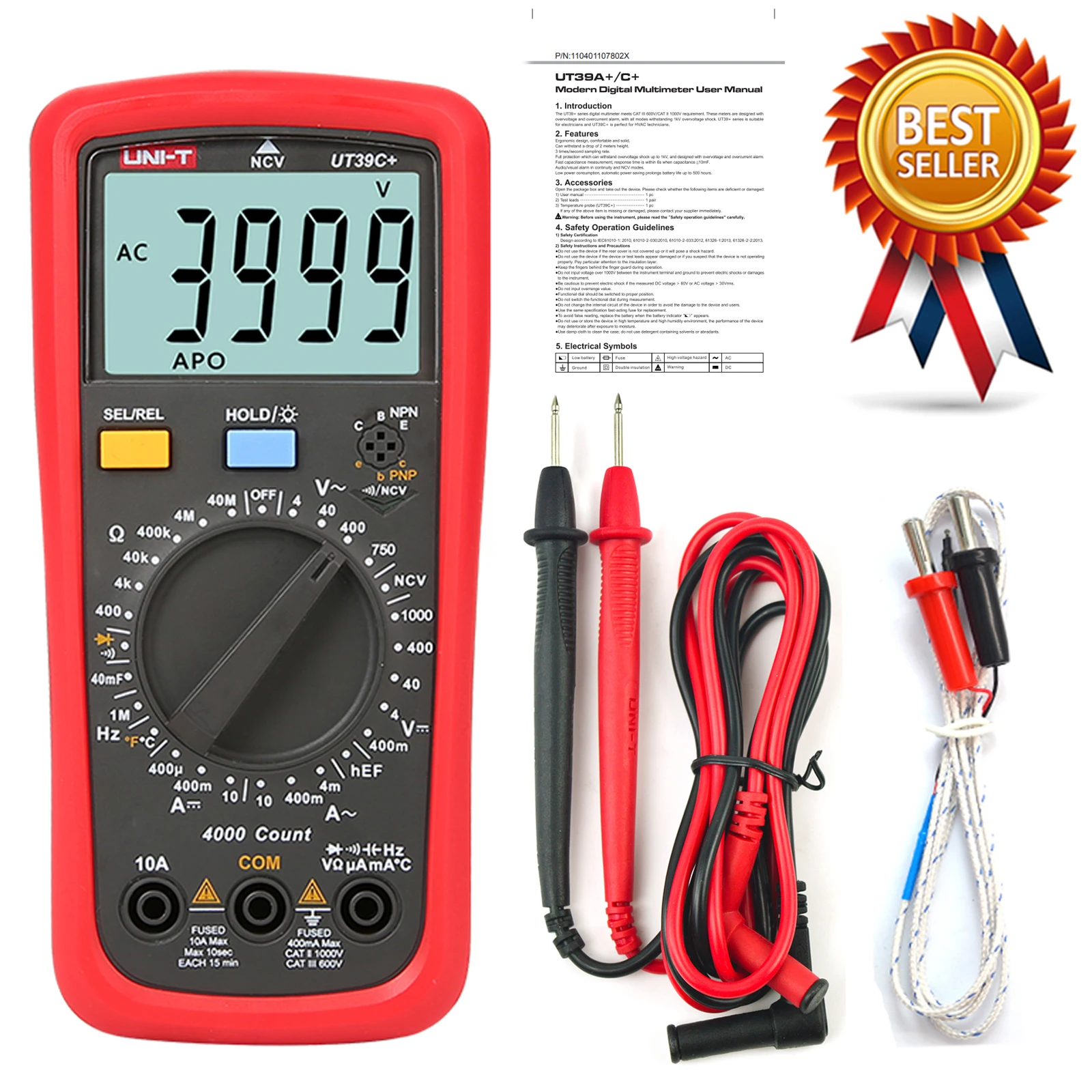 Uni-t Ut39c Mais Lcd Multímetro Digital dc ac Tensão Medidor de Corrente Ncv Capacitância Resistência Diodo Tester Voltímetro Amperímetro