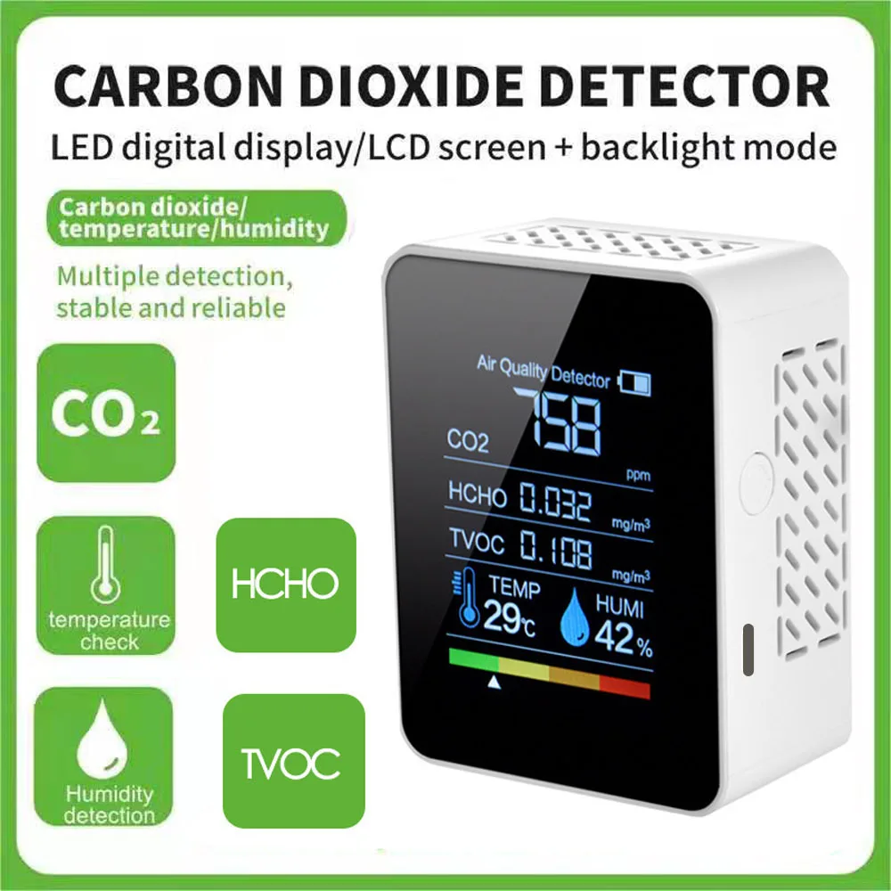 

5in1 CO2 Air Quality Detector Digital Temperature Humidity Tester Carbon Dioxide TVOC HCHO Detector Air Quality Monitor