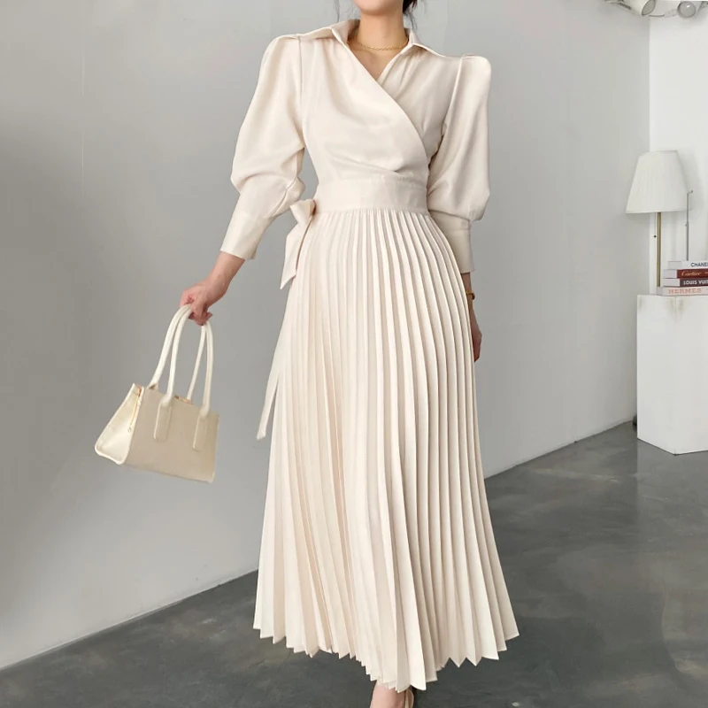 Long Sleeve High Waist Spring Luxury Autumn 2022 Woman Pleated Dress Female A-Line Party Elegant Vintage Maxi Dresses for Women