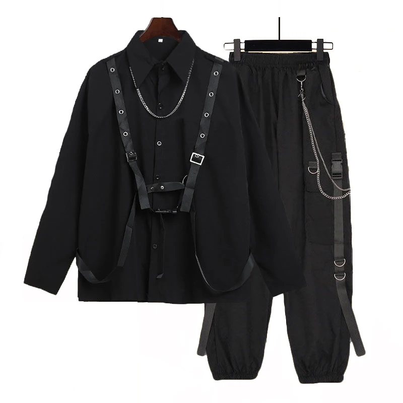 Spring Autumn Bandage Chain Shirt Loose Cargo Pants Women Casual Long-Sleeved Solid Black Hip Hop 2 Piece Set Pants