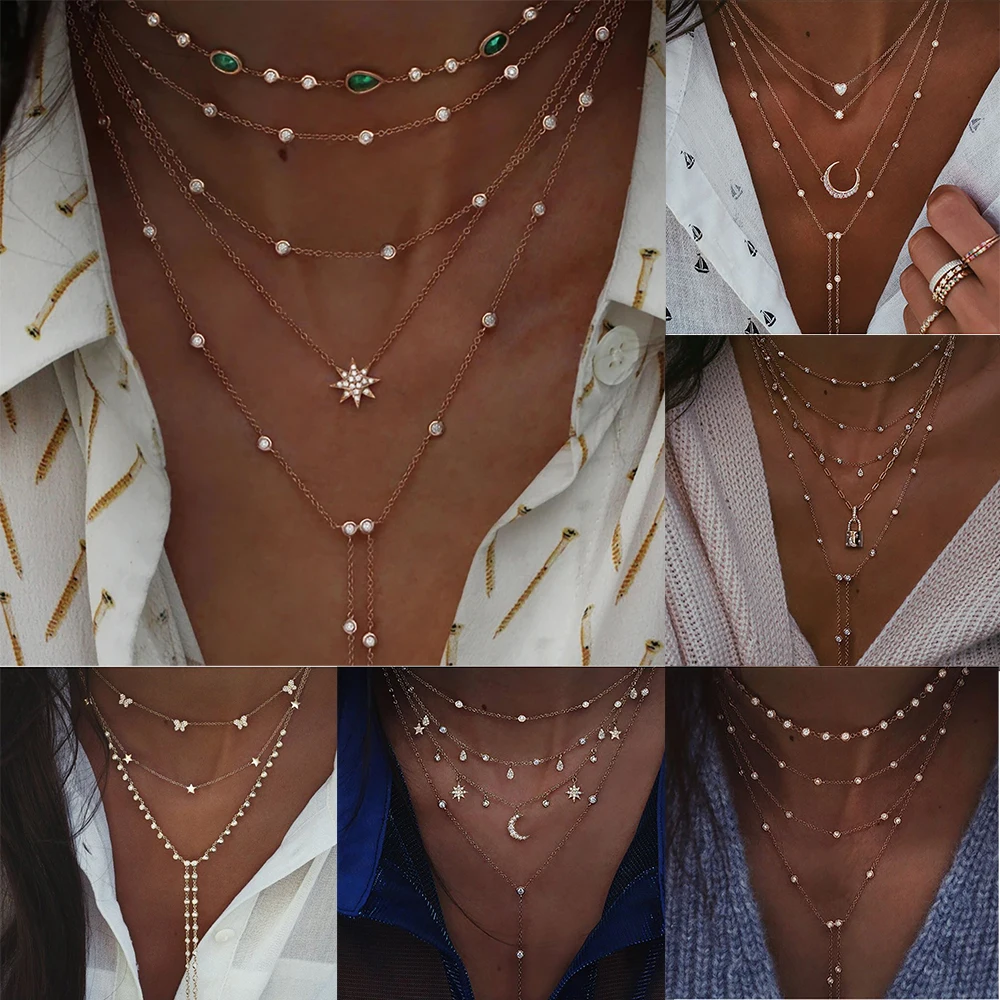 2020 Boho Multi-level Crystal Geometry Star Moon Lock Necklace For Women New Vintage Pendants Necklaces Chokers Jewelry Gift