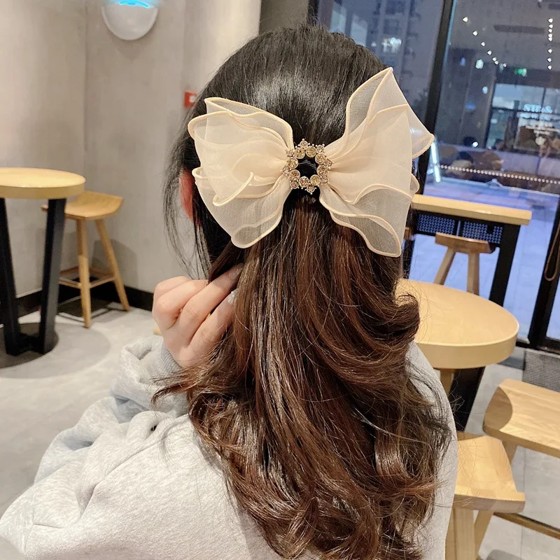 2021 new hair accessories female organza big bow hairpin Mori female temperament spring clip rhinestone hairpin top clip