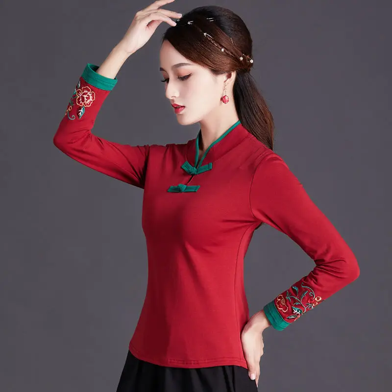 Cheongsam Women Plus Size Tops 2024 Autumn Cotton Blend Embroidery Long Sleeve Cheongsam Stand Collar Chinese Qipao Shirts Woman