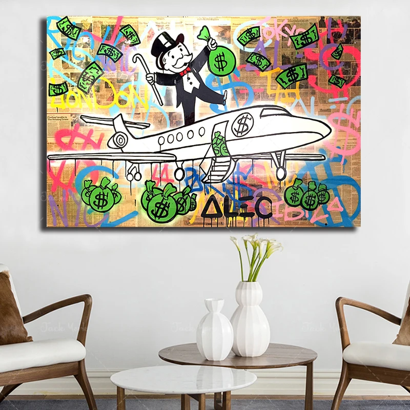 Home Decor Canvas Alec Monopoly Print Graffiti Poster Painting Aircraft Modern Money Wall Art Living Room Dollar Modular Picture