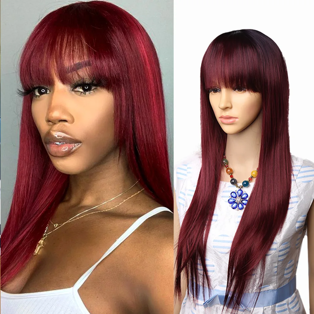 Amir Brown Synthetic Wigs For Women American African Long Straight Hair With Bangs Mixed Black And Brown Ombre Blonde Wig