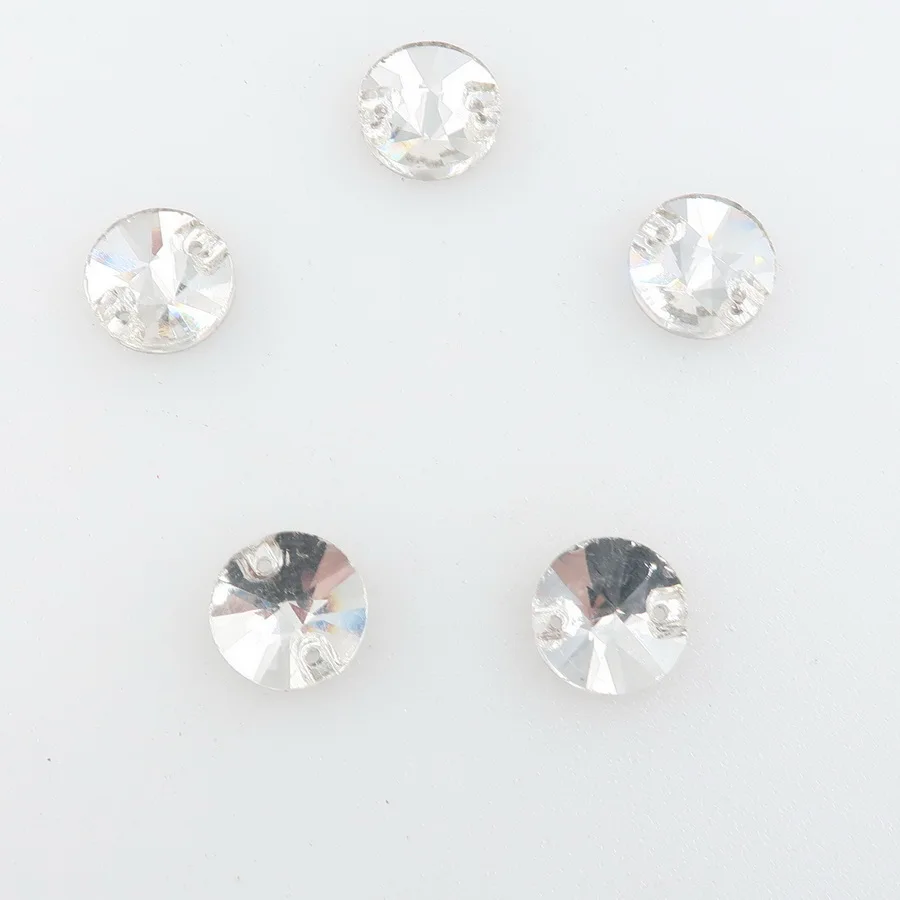 Rivoli runde Glas-Kristall-Flachsteine mit 2 Löchern, 6 Größen, zum Aufnähen, Strass-Perlen, Kristalle für Hochzeitskleider, Schuhe, Taschen, DIY – Detail 4