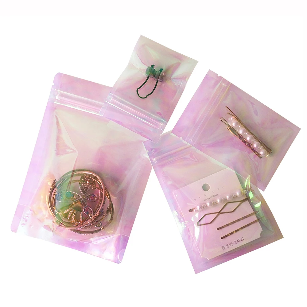 100pcs Pink Stand Up Holographic Zipper Packaging Bag Flat Pouches Small Laser Zip Lock Plastic Bags for Cosmetic Jewelry