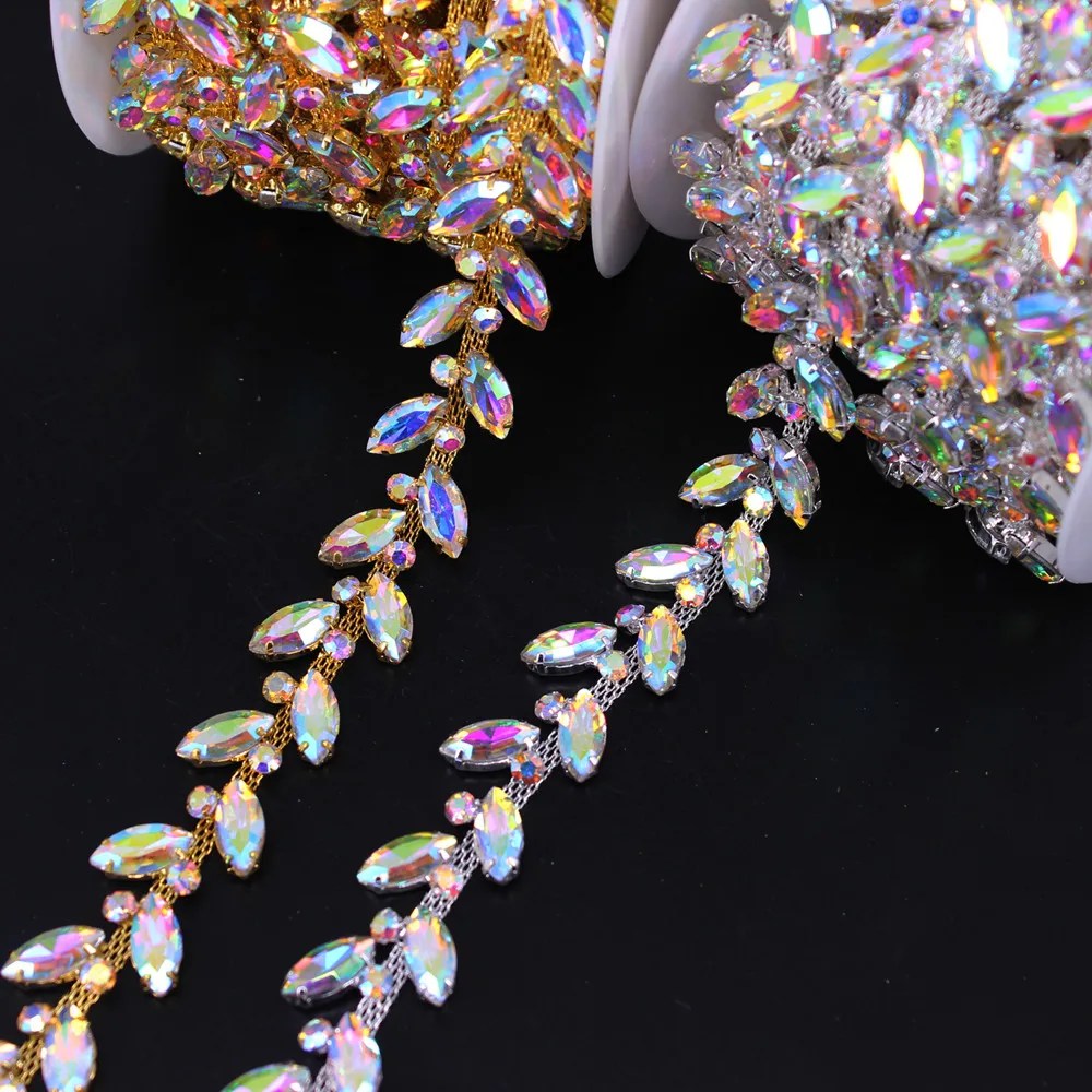 1 Yard Belly Dancing adornment Wedding Dress Accessory leaves rhinestones banding crystal silver rhinestones trim banding belt