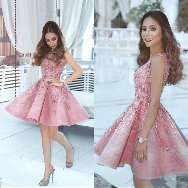 2020 Arabic Pink Cocktail Party Dresses V Neck Appliques Beads Short Prom Evening Gowns Custom Size Cocktail Dresses AliExpress