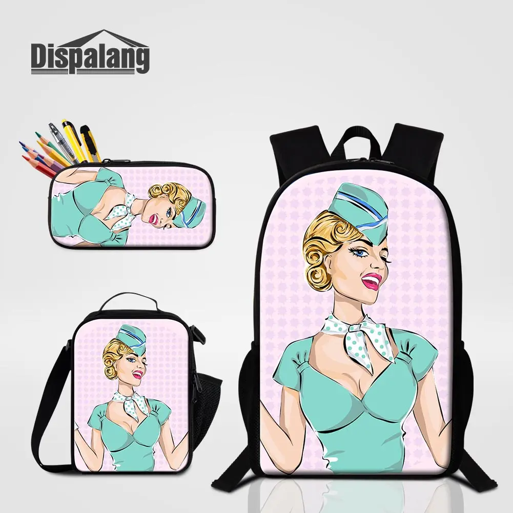 

Art Cartoon School Bag With Pencil Case Hot Press Transfer Sublimation Print 3PCS Backpack Set Food Bags For Lunch Drop Shipping