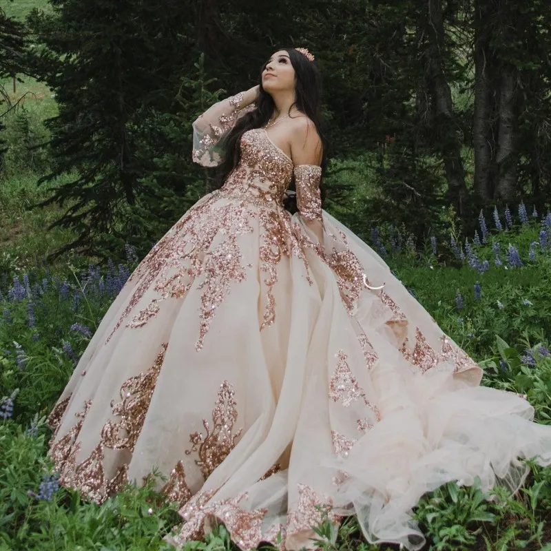 Vestidos de xv años Quinceanera sukienki z odpinany rękaw cekiny aplikacja wyszywana koralikami na bal suknia słodka 16 sukienka vestido debutante