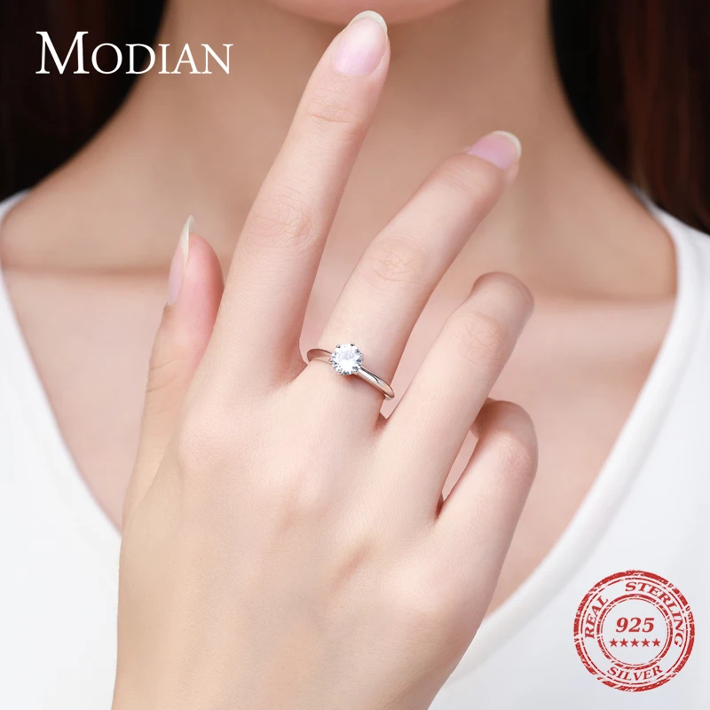 Modian Mới 100% Bạc 925 Sáng Bóng Cổ Điển AAAAA Zircon Nhẫn Thời Trang Cho Nữ Cưới Mỹ Trang Sức Với Giá Rẻ Hộp anillo