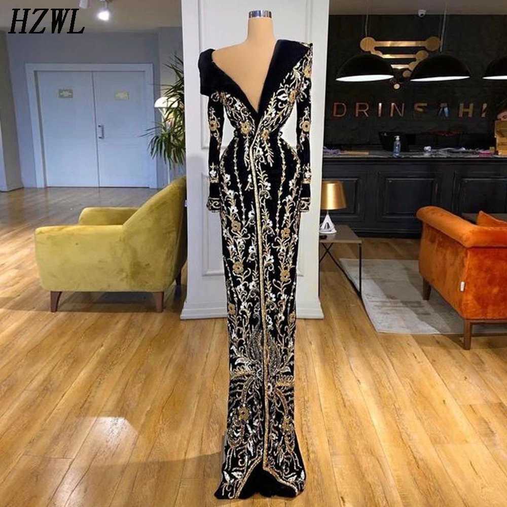 Black Straight Prom Dresses with Silver and Gold Applique Lace Long Sleeve 2020 New Formal Evening Dress Party Gown vestidos