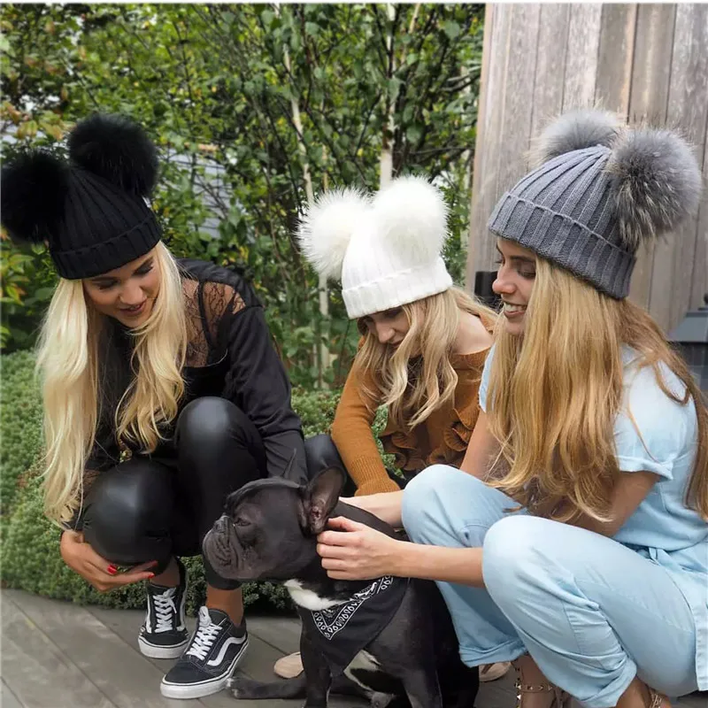 Chapéu duplo natural pom poms para meninos e meninas, gorros de malha quente bola de pompom peludas, caveiras de algodão, gorro, novo inverno, 2022